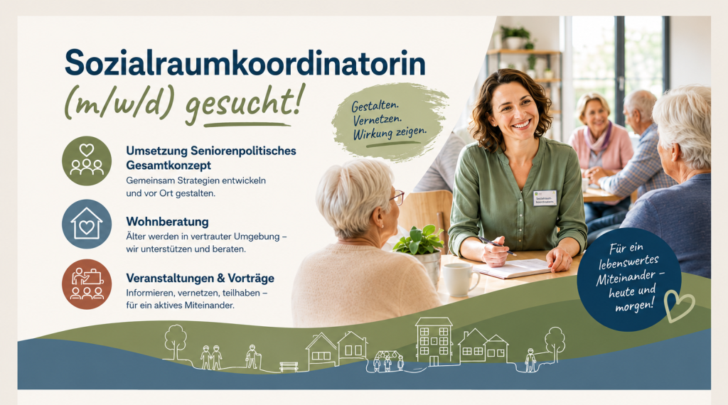 Wir haben eine Stelle zu vergeben. Wer sich im Netzwerk zwischen Seniorenbeauftragten, Nachbarschaftshilfen, Fachstellen für pflegende Angehörige, Quartiersbüros, Gesundheitsregion plus, Wohlfahrtsverbänden etc. wohl fühlt, der ist hier genau richtig. Wir suchen für 2 Jahre eine Sozialraumkoordination in Elternzeitvertretung.